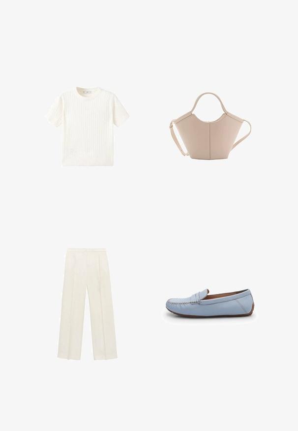 Bijela kratka majica s kratkim rukavima s uzorkom pletenice, okruglim izrezom i rebrastim rubom. Mekana tekstura, ležeran kroj i jednostavan dizajn.; Hlače širokog kroja u svijetloj krem boji. Izrađene su od glatkog materijala s plisama sprijeda i bočnim džepovima.; Svijetloplavi kožni mokasini s ušivenim detaljima, zaobljenim vrhom i glatkom teksturom. Gumeni potplat s niskim profilom.; Bež kožna torba jedinstvenog oblika, s dva kratka ručka i dugom podesivom trakom. Glatka tekstura s minimalnim metalnim dodacima.
