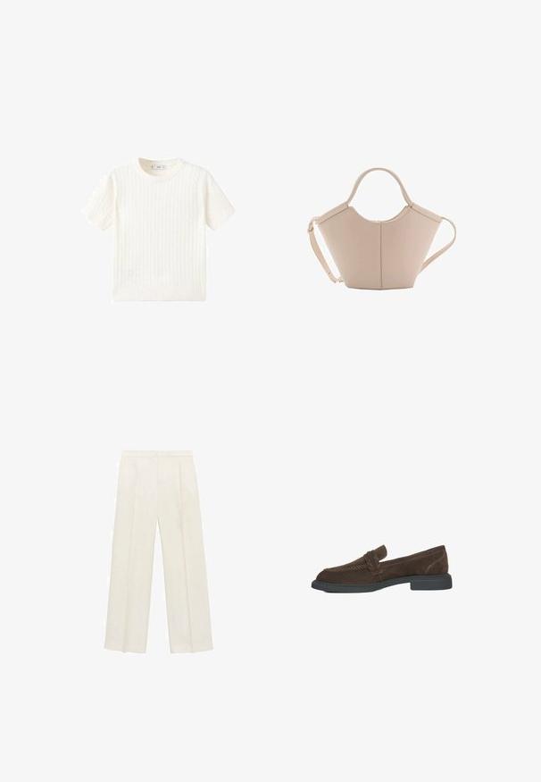 Biały sweter z krótkim rękawem, z wzorem w warkocze, okrągłym dekoltem i ściągaczem na dole. Miękka tekstura, luźny krój i czysty design.; Spodnie o szerokich nogawkach w jasnym kolorze kremowym. Wykonane z gładkiego materiału, z plisami z przodu i bocznymi kieszeniami.; Brązowe zamszowe mokasyny z niskim obcasem, z plecionym detalem z przodu i kontrastowym przeszyciem wzdłuż boków.; Beżowa skórzana torebka o unikalnym kształcie, z dwoma krótkimi uchwytami i długim, regulowanym paskiem. Gładka tekstura z minimalną ilością elementów metalowych.