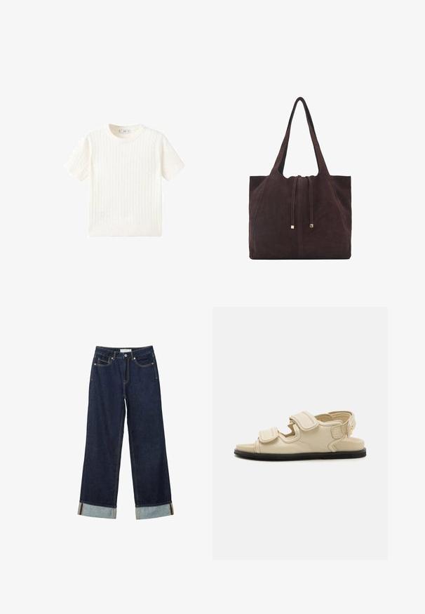White short-sleeve sweater with a cable knit pattern, round neckline, and ribbed hem. Soft texture, casual fit, and clean design.; Dark blue wide-leg jeans with a high waist, featuring rolled cuffs, contrast stitching, and five-pocket design. Made of denim fabric.; Beige leather sandal with two adjustable Velcro straps, a closed toe, and a black rubber sole. Features a minimalist design and open back.; Mango Tote bag - dark brown