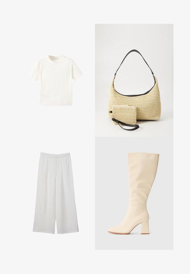 Hvid kortærmet sweater med et kabelstrik mønster, rund halsudskæring og ribbet kant. Blød tekstur, afslappet pasform og rent design.; Hvide vidde bukser lavet af letvægtsstof, med en elastisk talje og snøre for justerbar pasform. Glat tekstur.; Cremefarvet knælange støvle med blokhæl og glat overflade, vist i sideprofil på en ensfarvet baggrund.; Vævet stråhåndtaske med en buet silhuet, der har en glat sort læderrem og en matching lille pung, der er fastgjort med en håndledsrem.