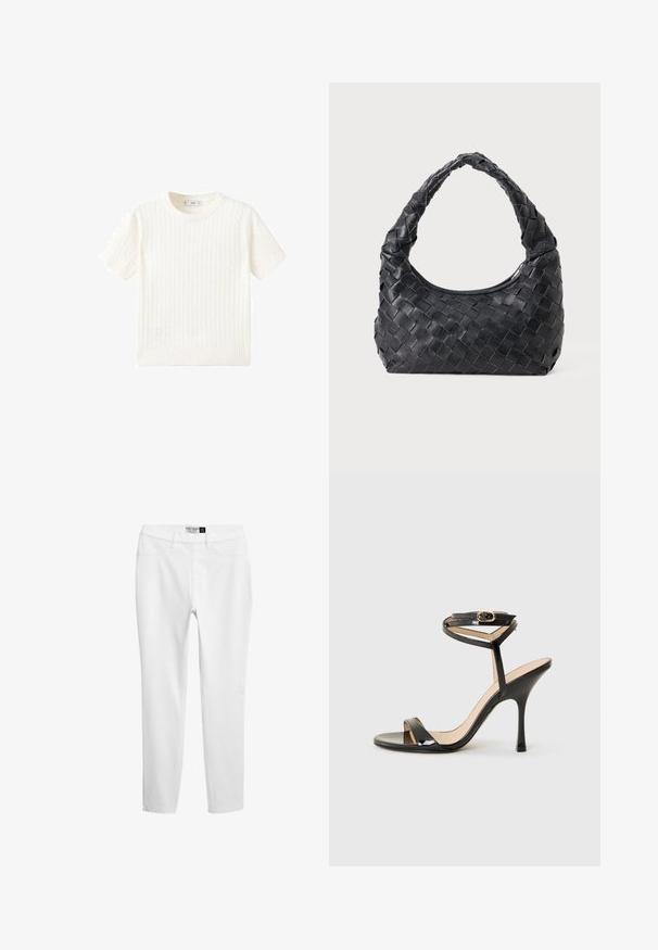 Witte korte mouwen trui met een kabelbreipatroon, ronde halslijn en geribbelde onderkant. Zachte textuur, casual pasvorm en een strakke uitstraling.; Witte jersey leggings met een gladde textuur, slim fit en traditioneel vijf-pocketdesign. Ze zijn vervaardigd van lichtgewicht stof met subtiele stikseldetails.; Zwarte laarzen van gepatenteerd leer met hoge hakken, dunne enkelband met gesp, open teen en slanke stilettohak op een witte achtergrond.; Zwarte leren geweven schoudertas met een ronde handgreep en een maansvormig lichaam op een effen achtergrond.