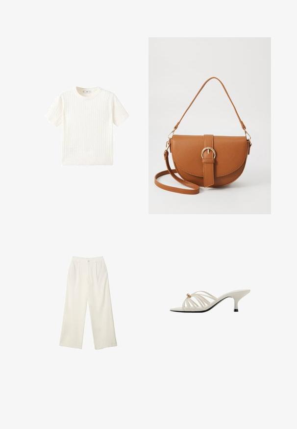 Maglione bianco a maniche corte con motivo a treccia, scollatura rotonda e orlo a coste. Texture morbida, vestibilità casual e design pulito.; Pantaloni a gamba larga in tessuto crema con una texture liscia, caratterizzati da un singolo bottone frontale, pieghe sottili e un design a vita alta.; Sandali con tacco bianchi a strappo con un design curvo, caratterizzati da un accento dorato e una suola nera. Texture liscia e stile open-toe.; Borsa a tracolla in pelle marrone con forma curvata, hardware dorato e un dettaglio con fibbia. Presenta una tracolla rimovibile.