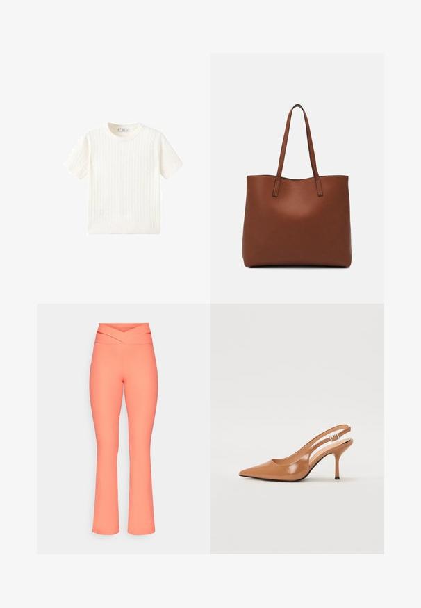 Bijela kratka majica s kratkim rukavima s uzorkom pletenice, okruglim izrezom i rebrastim rubom. Mekana tekstura, ležeran kroj i jednostavan dizajn.; Koralske široke hlače s rebrastom teksturom i dizajnom struka koji se preklapa, s glatkom završnom obradom i krojem koji prati siluetu.; Sandal s petom u obliku šiljastog prsta od glatkog, sjajnog smeškastog materijala. Ima zakrivljeni izrez i vitku štiklu. Detalj s srebrnom kopčom.; Smeđa kožna torba preko ramena s glatkom teksturom, otvorenim vrhom i dvjema naramenicama. Ima minimalne šavove i nema vidljivog hardvera.