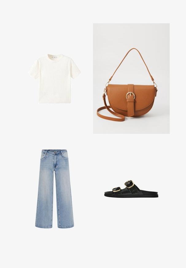 Vit kortärmad tröja i kabelstickad mönster, rund halsringning och ribbad nederkant. Mjuk textur, avslappnad passform och ren design.; Ljusblå vida jeans med hög midja, fem fickor och kontraststickningar. Tillverkade av denim med en slät textur.; Svart glidsandal med två guldfärgad spännen, slät textur av material, platt sula och en minimalistisk design.; Brun läder crossbody-väska med en böjd form, gyllene detaljer och en spänneaccent. Har en avtagbar axelrem.