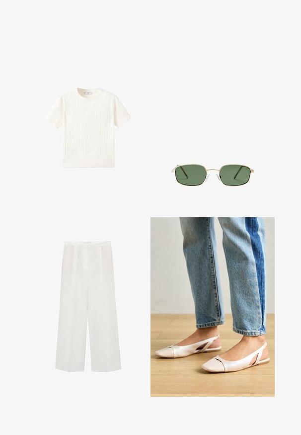 Biely krátkoprstý sveter s pleteným vzorom, okrúhlym výstrihom a rebrovaným lemom. Mäkka textúra, voľný strih a čistý dizajn.; Biele široké nohavice vyrobené z ľahkého materiálu s hladkou textúrou, obsahujúce jemné záhyby a prispôsobený pás.; Svetloružové slingback baleríny s jemne špicatou špičkou, vyrobené z hladkého materiálu pripomínajúceho kožu. Majú výrezové detaily na stranách a plochý opätok.; Slnečné okuliare so zlatým kovovým rámom, zelenými sklami, obdĺžnikovým tvarom a čírymi plastovými nosníkmi. Tenké, štíhle nožičky s minimalistickým dizajnom.; Hnedá kožená kabelka cez telo s zakriveným tvarom, zlatými kovovými doplnkami a akcentom s prackou. Obsahuje odnímateľný ramenný popruh.