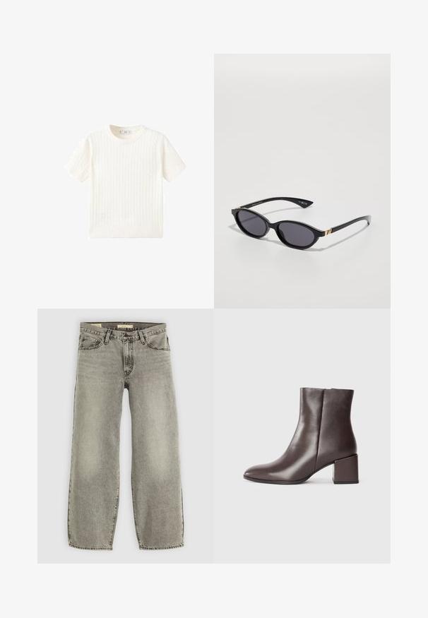 White short-sleeve sweater with a cable knit pattern, round neckline, and ribbed hem. Soft texture, casual fit, and clean design.; Light gray, wide-leg jeans made of denim. Features traditional five-pocket styling and slight fading throughout the fabric.; Brown leather ankle boot with a sleek design, pointed toe, and square block heel. Smooth texture and minimalistic silhouette.; Black sunglasses with oval lenses, dark gradient tint, and slim arms featuring subtle gold accents. Smooth plastic finish.; Brown leather crossbody bag with a curved shape, gold hardware, and a buckle accent. Features a detachable shoulder strap.