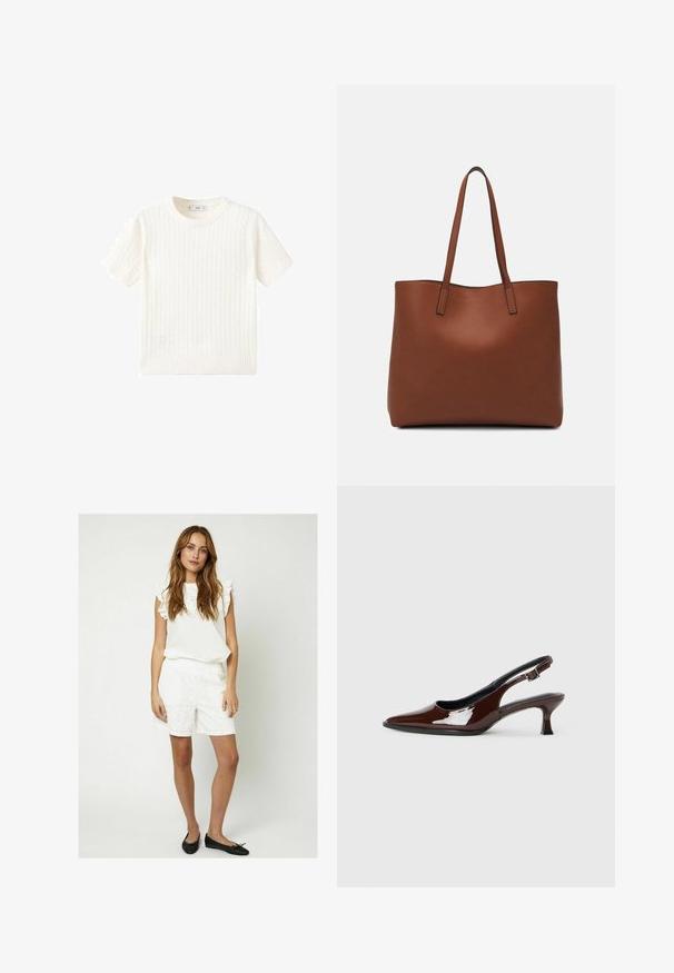 Biely krátkoprstý sveter s pleteným vzorom, okrúhlym výstrihom a rebrovaným lemom. Mäkka textúra, voľný strih a čistý dizajn.; Moves PENSI - Šortky - snow white; Hnedá lakovaná slingback obuv s špicatou špičkou a mierne vysokým opätkom. Obsahuje pracku pre bezpečné upevnenie. Hladká textúra.; Hnedá kožená taška na rameno s hladkou textúrou, otvoreným vrchom a dvoma ramenými popruhmi. Má minimálne šitia a žiadne viditeľné kovania.