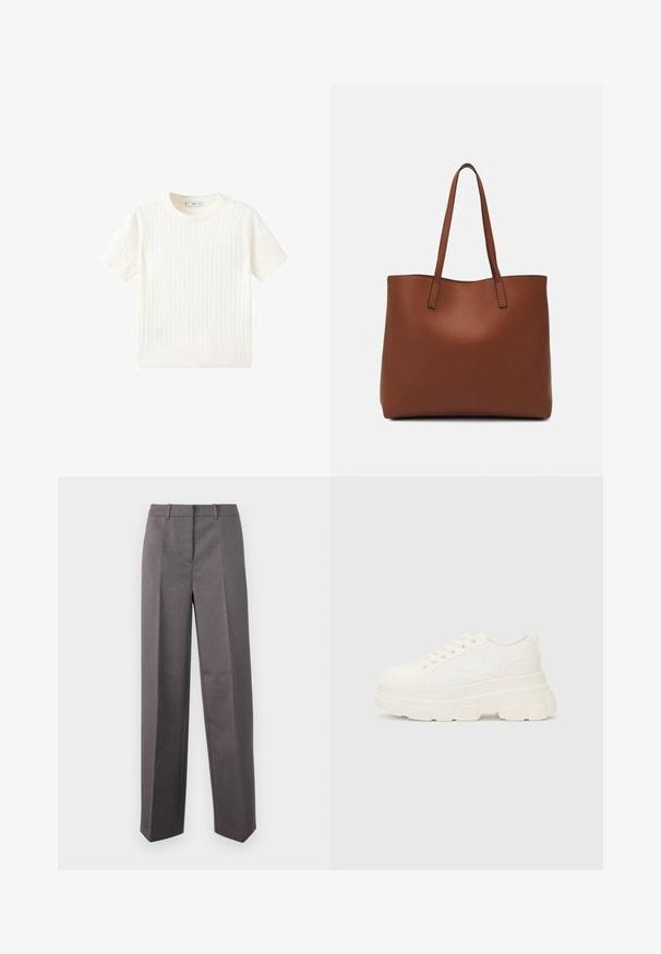 Hvid kortærmet sweater med et kabelstrik mønster, rund halsudskæring og ribbet kant. Blød tekstur, afslappet pasform og rent design.; Grå skræddersyede bukser lavet af struktureret stof, med lige ben, flad front og bæltestropper.; Hvide lærreds sneakers med en kraftig sål, rund tå og fem snørehuller. Bagstrop for nem påtagning. Glat tekstur, minimalistisk design.; Brun læder tote taske med en glat overflade, åben topdesign og to skulderremme. Har minimal syning og ingen synlig hardware.; Sølv hoops øreringe har et glat, afrundet design med en slank profil og sikker spænde. Minimalistisk stil med en poleret finish.
