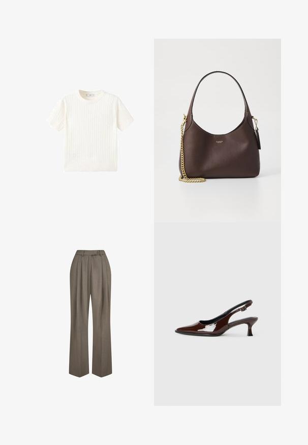 Witte korte mouwen trui met een kabelbreipatroon, ronde halslijn en geribbelde onderkant. Zachte textuur, casual pasvorm en een strakke uitstraling.; Hoge taille bruine wijde broek met plooien en riemlussen, weergegeven tegen een witte achtergrond.; Bruine gepatineerde leren slingback-schoen met een spitse neus en een gematigd hakje. Voorzien van een gespsluiting voor een veilige pasvorm. Glad van textuur.; COACH BROOKLYN SHOULDER BAG 23 - Handtas - maple