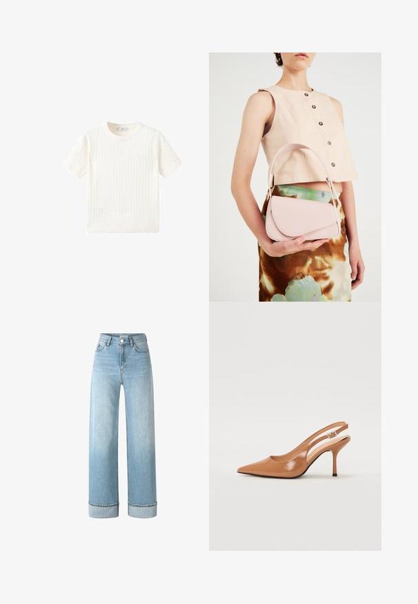 Bela kratka majica s kratkimi rokavi z vzorcem kabelskega pletenja, okroglo izrezano in rebrastim robom. Mehak material, sproščen kroj in čist dizajn.; Svijetloplavi široki traperice, napravljene od denima, s visokim strukom, prevrnutim manžetama i suptilnim blijeđenjem oko dzepova.; Slinčaste pete z ostro konico v gladkem, sijočem bež materialu. Imajo ukrivljen rez in vitko stiletto peto. Podrobnost s srebrno zaponko.; Roza usnjena torbica s ukrivljenim poklopcem, enim naramnim trakom in čistimi linijami. Torbica se ponaša z gladko teksturo in minimalističnim dizajnom.