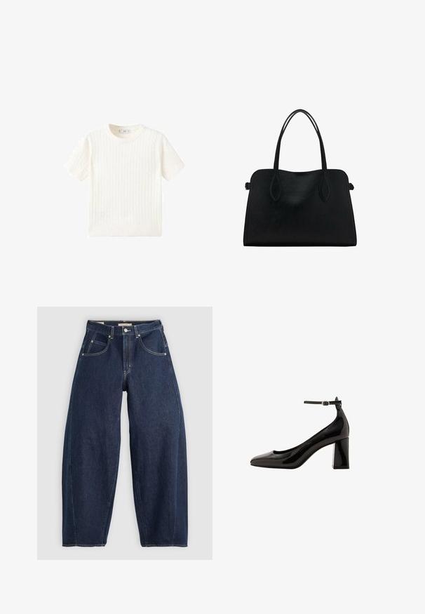 Witte korte mouwen trui met een kabelbreipatroon, ronde halslijn en geribbelde onderkant. Zachte textuur, casual pasvorm en een strakke uitstraling.; Donkerblauwe denim jeans met een losse fit, lichte stiksels, vijf zakken en een knoopsluiting op de taille.; Zwarte lakleren enkelschoenen met een glanzende afwerking, spitse neus en een dikke blokhak. Vetruige textuur, minimale detaillering.; Zwarte leren handtas met dubbele schouderriemen, rechthoekige vorm en minimalistisch ontwerp op een witte achtergrond.