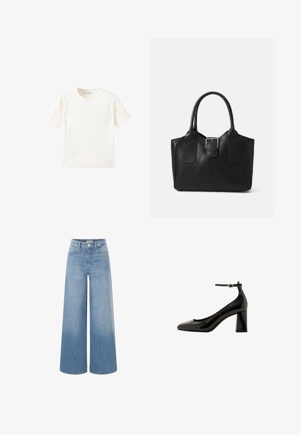 Bijela kratka majica s kratkim rukavima s uzorkom pletenice, okruglim izrezom i rebrastim rubom. Mekana tekstura, ležeran kroj i jednostavan dizajn.; Svijetloplave traper široke hlače s visokim strukom, prednjim džepovima i klasičnom kopčom na dugme. Iružiteljna tekstura na rubu.; Crne lakirane cipele s remenom oko gležnja i sjajnom završnom obradom, s šiljastim vrhom i debelim blok-potpeticom. Glatka tekstura, minimalno detalja.; Crna kožna torba za nošenje s glatkom teksturom, strukturiranim oblikom, dvije ručke i istaknutim srebrnim kopčanjem na prednjoj strani.