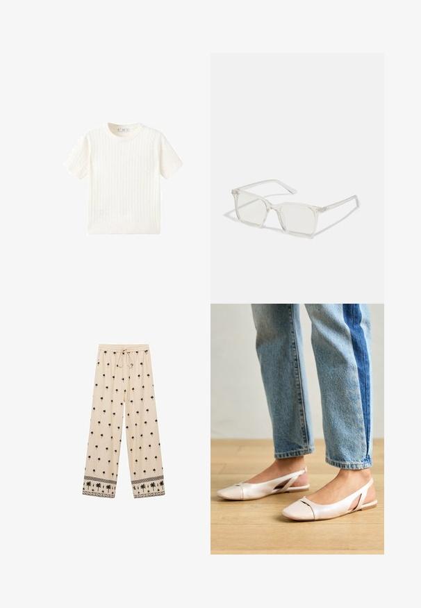 White short-sleeve sweater with a cable knit pattern, round neckline, and ribbed hem. Soft texture, casual fit, and clean design.; Beige wide-leg pants with black palm tree pattern, elastic waistband with drawstring, and contrasting patterned trim at the hem.; Pale pink slingback flats with a pointed toe, made from a smooth leather-like material. Features cut-out details at the sides and a flat heel.; Clear plastic square-frame glasses with translucent lenses, featuring gold accents on the temples for added detail.; Brown leather tote bag with a smooth texture, open top design, and two shoulder straps. Features minimal stitching and no visible hardware.