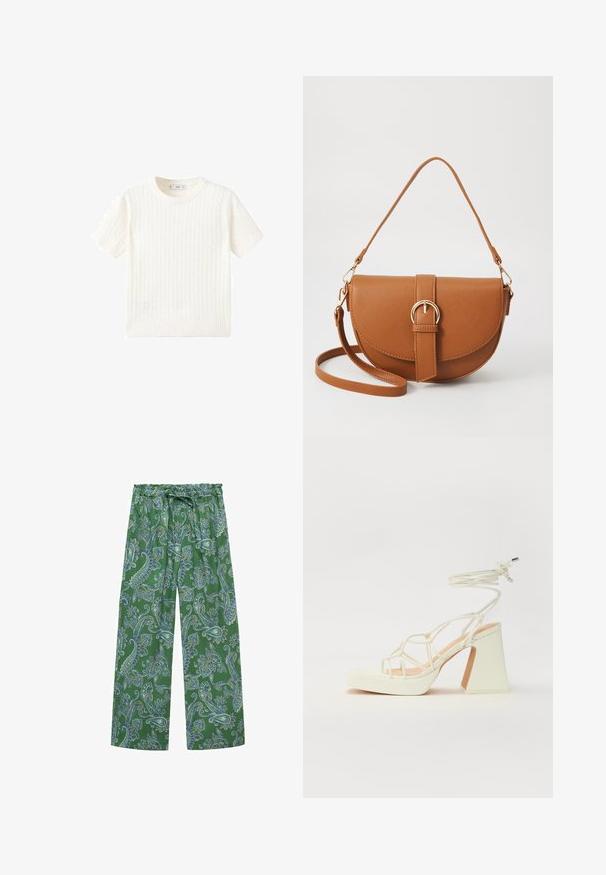 White short-sleeve sweater with a cable knit pattern, round neckline, and ribbed hem. Soft texture, casual fit, and clean design.; Green paisley-patterned wide-leg trousers with an elastic waist and drawstring. Fabric has a smooth texture and features intricate blue accents.; White high-heeled sandal with a chunky heel, featuring a strappy design and ankle tie. Smooth texture with a platform front for added height.; Brown leather crossbody bag with a curved shape, gold hardware, and a buckle accent. Features a detachable shoulder strap.