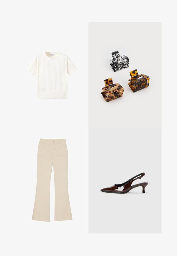 Bela kratka majica s kratkimi rokavi z vzorcem kabelskega pletenja, okroglo izrezano in rebrastim robom. Mehak material, sproščen kroj in čist dizajn.; Bež hlače s širokim nogavicami in visokim pasom, narejene iz bombažnega blaga. Imajo sprednje in zadnje žepe, zanke za pas ter en sam srebrn gumb.; Rjavi lakirani slingback čevelj z ostro konico in zmerno peto. Ima zaponko za varno prileganje. Gladka tekstura.; Tri do konice za lase: ena marmorirana v črni in beli barvi, dve iz školjkastega v rjavih in črnih odtenkih, vse narejeno iz sijoče plastike z teksturiranim zaključkom.