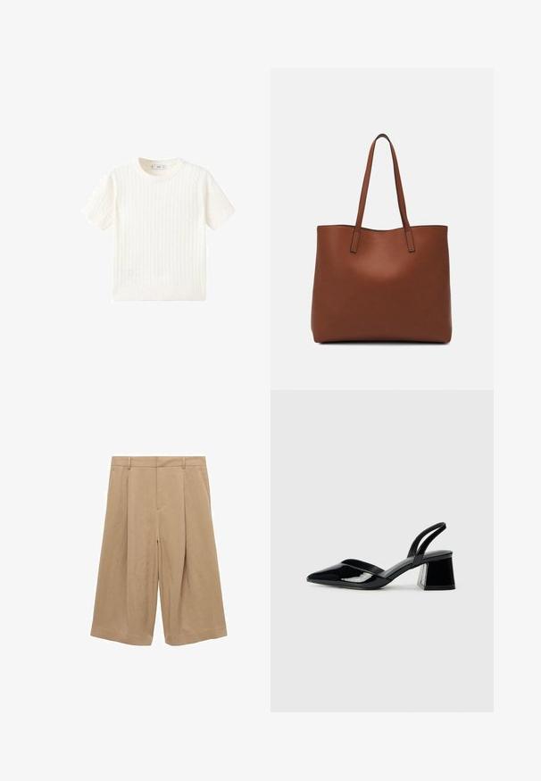 Vit kortärmad tröja i kabelstickad mönster, rund halsringning och ribbad nederkant. Mjuk textur, avslappnad passform och ren design.; Beiga culotter i lättviktsmaterial, med vid benkjol, platt front, två sidofickor och en jämn textur.; Svarta lackläder slingback klackar med spetsig tå och geometrisk klack. Har en elegant, minimalistisk design och slät yta.; Brun läder tote-väska med en slät textur, öppen toppdesign och två axelremmar. Har minimal söm och ingen synlig metalldetalj.