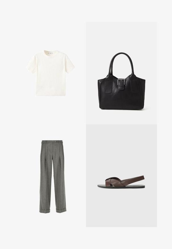 Bela kratka majica s kratkimi rokavi z vzorcem kabelskega pletenja, okroglo izrezano in rebrastim robom. Mehak material, sproščen kroj in čist dizajn.; Sive prilagojene hlače z belimi navpičnimi črtami, z gubami spredaj, z manšeto na koncu hlačnic, z obrobo za pas in gumbom za zapiranje v pasu.; Rjave usnjene sandale s križno-zasnovo, ravnim črnim podplatom in nastavljivim zadnjim trakom. Gladka tekstura in minimalni detajli strojne opreme.; Črna usnjena torba s gladko teksturo, strukturirano obliko, dvema ročkama in izrazitim srebrnim sponko na sprednji strani.
