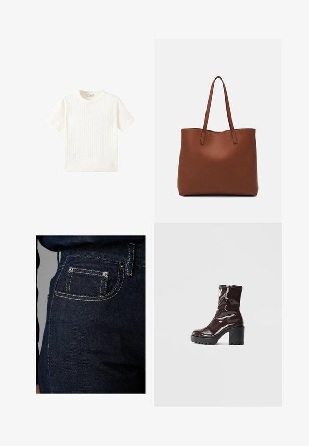 Pulover alb cu mânecă scurtă, având un model cu tricotaj în cablu, guler rotund și tiv răsucit. Textură moale, ajustare casuală și design curat.; Jeans din denim închis, cu un design clasic cu cinci buzunare, cusături în contrast și nituțe metalice. Textura pare netedă, cu un ușor luciu.; Botine lucioase burgundy, cu toc gros negru, având o textură netedă și un design simplu. Fără închideri sau modele vizibile.; Geantă de umăr din piele maro cu o textură netedă, design cu vârf deschis și două curele pentru umăr. Prezintă cusături minime și fără componente metalice vizibile.