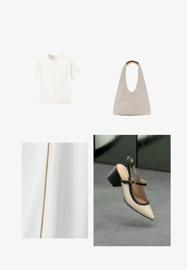 Bílý svetřík s krátkým rukávem a vzorem copánkového pletení, kulatým výstřihem a pružným lemem. Měkká textura, volný střih a čistý design.; Bílá tkanina s hladkým povrchem a béžovým akcentovým pruhovaním, které běží vertikálně po jedné straně.; Beige boty s špičatou špičkou a otevřenou patou, černými detaily, zlatou přezkou a silným blokovým podpatkem, na šedé podlaze s tmavě zeleným pozadím.; Světlá šedá kožená taška s U-tvarovaným designem a zakřivenou kovovou rukojetí. Hladký povrch s minimálním šitím a bez viditelných vzorů.