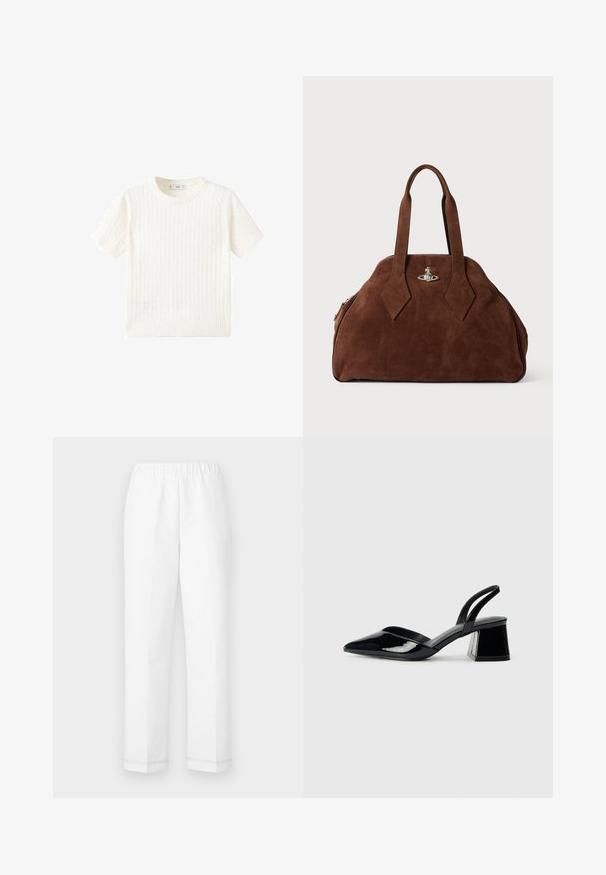 Vit kortärmad tröja i kabelstickad mönster, rund halsringning och ribbad nederkant. Mjuk textur, avslappnad passform och ren design.; Vita byxor med elastisk midja, rak skärning och subtila sömnadsdetaljer vid fållen. Tillverkade av ett lätt och svalt material.; Svarta lackläder slingback klackar med spetsig tå och geometrisk klack. Har en elegant, minimalistisk design och slät yta.; Brun mockaskinnsväsk med en strukturerad form, rundad kropp och avlånga, diamantformade handtag. Har en silverfärgad låsning.