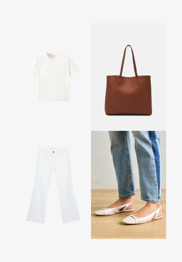 Witte korte mouwen trui met een kabelbreipatroon, ronde halslijn en geribbelde onderkant. Zachte textuur, casual pasvorm en een strakke uitstraling.; Witte, uitlopende jeans van denim, met een vlakke voorkant met duidelijke stiksels, twee voorzakken en een enkele zwarte knop aan de taille.; Zachtroze slingback ballerina's met een spitse neus, gemaakt van een glad leerachtig materiaal. Bevat uitsnijdingen aan de zijkanten en heeft een platte hak.; Bruine leren tote bag met een gladde textuur, een ontwerp met een open bovenkant en twee schouderbanden. Kenmerkt zich door minimale stiksels en geen zichtbare hardware.