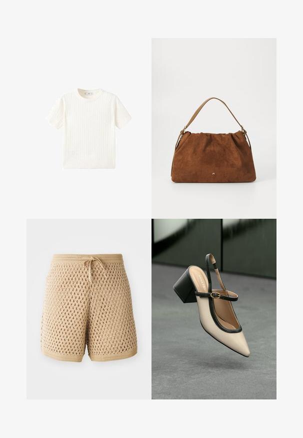 Maglione bianco a maniche corte con motivo a treccia, scollatura rotonda e orlo a coste. Texture morbida, vestibilità casual e design pulito.; Shorts all'uncinetto beige con un intricato motivo a diamante, vita con cordoncino e bordi a costine. Tessuto leggero e traspirante.; Scarpa beige con punta a stivale, con rifiniture nere, fibbia dorata e tacco a blocco spesso su un pavimento grigio con sfondo verde scuro.; Borsa in suede marrone con un design arricciato, dotata di una singola tracolla in pelle beige e di un sottile logo dorato dettagliato sulla parte anteriore.