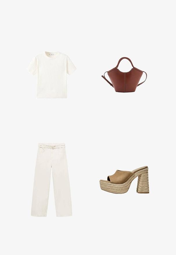 Pulover alb cu mânecă scurtă, având un model cu tricotaj în cablu, guler rotund și tiv răsucit. Textură moale, ajustare casuală și design curat.; Pantaloni largi, de culoare crem, confectionati din bumbac. Prezinta un talie cu curea, fermoar si doua buzunare frontale. Textura neteda, cusaturi minime.; Mule-uri din suede maro cu talpă platformă și vârf deschis, având un toc chunky din jută împletită și un design superior neted, rotund.; Geantă din piele maro, cu o formă conică, mâneri rezistente și cusături albe contrastante. Dispune de o curea de umăr detașabilă pentru versatilitate.