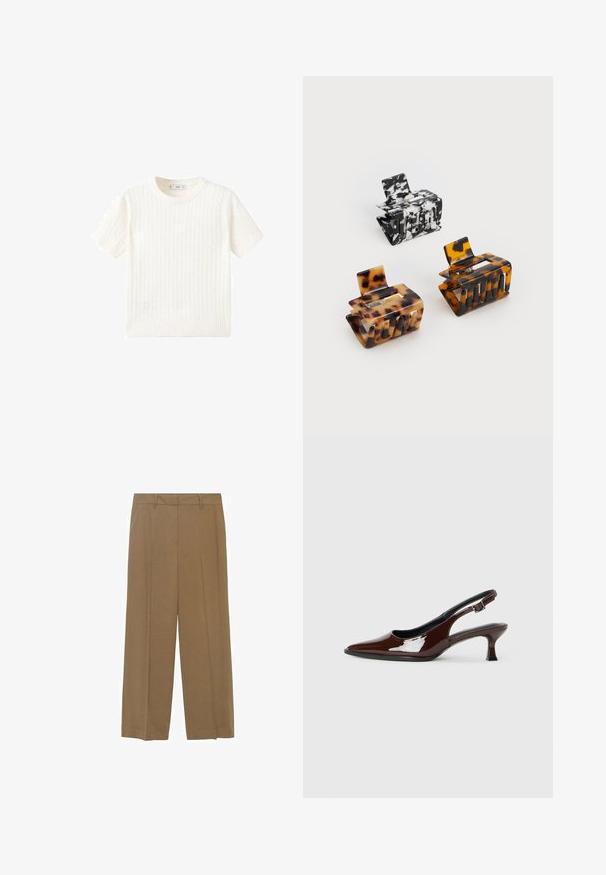 Vit kortärmad tröja i kabelstickad mönster, rund halsringning och ribbad nederkant. Mjuk textur, avslappnad passform och ren design.; Breda byxor i lätt tyg i en enhetlig brun färg, med framfållar och en figurnära midja.; Brun lackläder slingback-sko med spetsig tå och en måttlig klack. Utrustad med en spännband för säker passform. Slät textur.; Tre hårklämmor: en svart-vit marmorerad, två sköldpaddsmönstrade i bruna och svarta nyanser, alla gjorda av glänsande plast med en texturerad yta.
