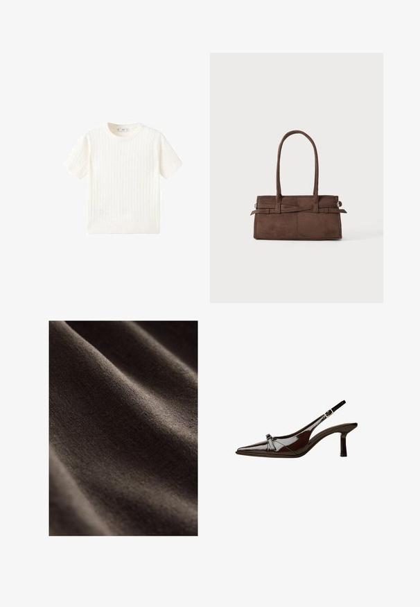 Maglione bianco a maniche corte con motivo a treccia, scollatura rotonda e orlo a coste. Texture morbida, vestibilità casual e design pulito.; Tessuto marrone scuro con una superficie liscia e testurizzata, caratterizzato da leggere pieghe e un aspetto opaco e morbido. Ideale per varie applicazioni tessili.; Scarpa slingback in pelle verniciata marrone con punta appuntita, tacco basso e un accentuato fiocco decorativo nella parte anteriore. Texture liscia e lucente.; Borsetta in suede marrone con due manici robusti, forma rettangolare e dettaglio decorativo con cinturino sulla parte anteriore.