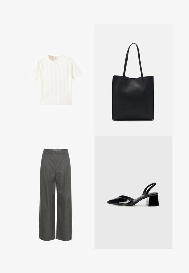 Bílý svetřík s krátkým rukávem a vzorem copánkového pletení, kulatým výstřihem a pružným lemem. Měkká textura, volný střih a čistý design.; Šedé kalhoty s širokými nohavicemi vyrobené z texturované látky, s vysokým pasem a předními sklady, bez viditelných kapes nebo kovových detailů.; Černé lakované kožené lodičky na pásku s špičatou špičkou a geometrickým blokovým podpatkem. Vyznačují se elegantním, minimalistickým designem a hladkým povrchem.; Černá kožená taška přes rameno s hladkým povrchem, obdélníkovým tvarem a dvěma dlouhými uchy. Žádné viditelné kování ani ozdoby.