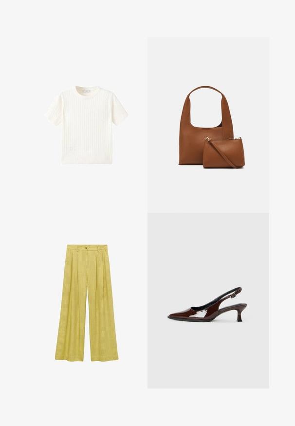 White short-sleeve sweater with a cable knit pattern, round neckline, and ribbed hem. Soft texture, casual fit, and clean design.; Wide-leg trousers in light yellow, featuring a textured ribbed pattern, high waist with a front button closure, and relaxed fit.; Brown patent leather slingback shoe with a pointed toe and a moderate heel. Features a buckle strap for secure fit. Smooth texture.; Brown synthetic handbag with a curved handle and a smooth texture. Includes a matching small pouch with a zipper. Minimalist design.