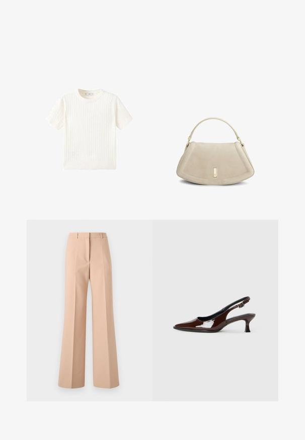 Vit kortärmad tröja i kabelstickad mönster, rund halsringning och ribbad nederkant. Mjuk textur, avslappnad passform och ren design.; Beiga, högmidjade byxor med breda ben. Tillverkade av ett mjukt tyg, med framveck och en ren midjeband.; Brun lackläder slingback-sko med spetsig tå och en måttlig klack. Utrustad med en spännband för säker passform. Slät textur.; Beige mocka handväska med en böjd form, en handtag, gyllene metallfittings och subtila sömdetaljer längs kanterna.