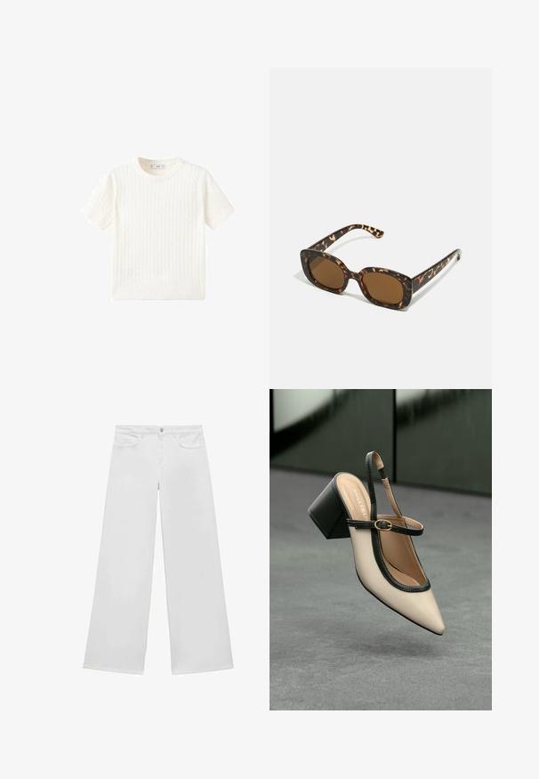 Weißer Kurzarmpullover mit Zopfmuster, Rundhalsausschnitt und geripptem Saum. Weicher Stoff, lässige Passform und schlichtes Design.; Weiße weite Jeans aus Denim mit flachem Bund, zwei Vordertaschen und Knopfverschluss, mit geradem Bein und ohne sichtbare Muster.; Beige Slingback-Schuh mit spitzer Zehenpartie, schwarzer Umrandung, goldener Schnalle und dicker Blockabsatz auf grauem Boden vor dunklem grünen Hintergrund.; Schildpatt-Sonnenbrille mit einem runden, klobigen Rahmen und braunen Gläsern. Verfügt über dezente Muster und gerade, zulaufende Bügel.; Tommy Hilfiger CASUAL SHOULDER BAG - Handtasche - coastal taupe