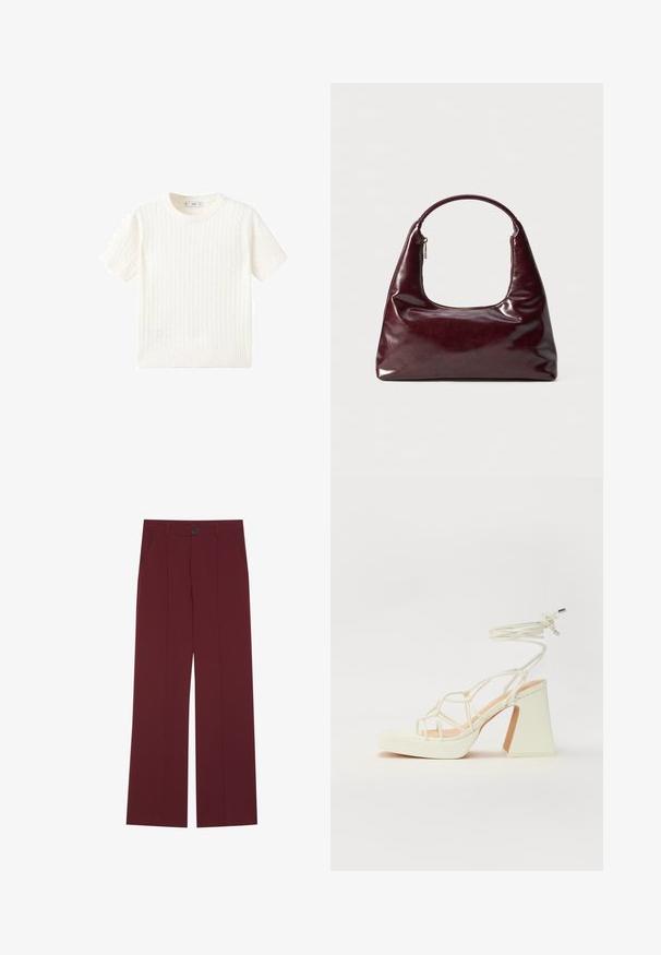 White short-sleeve sweater with a cable knit pattern, round neckline, and ribbed hem. Soft texture, casual fit, and clean design.; Burgundy trousers with a wide leg design, featuring a button closure, two side pockets, and creased front detailing. Smooth fabric texture.; White high-heeled sandal with a chunky heel, featuring a strappy design and ankle tie. Smooth texture with a platform front for added height.; Burgundy leather handbag with a glossy finish, rounded handle, and a zippered top opening; features a sleek, minimalist design.