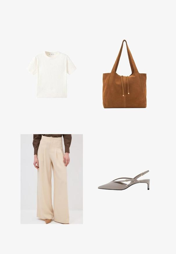Maglione bianco a maniche corte con motivo a treccia, scollatura rotonda e orlo a coste. Texture morbida, vestibilità casual e design pulito.; Pantaloni beige a gamba larga con vita alta, pieghe frontali e una texture liscia, abbinati a tacchi di colore chiaro.; Tacchi slingback beige con punta affusolata, sottili cinturini incrociati e tacco a stiletto corto. Tessuto liscio con inserti in hardware dorato.; Borsa a tracolla in suede marrone con due lunghe cinghie, chiusura con cordoncino e design minimalista. Texture liscia e senza elementi hardware visibili.
