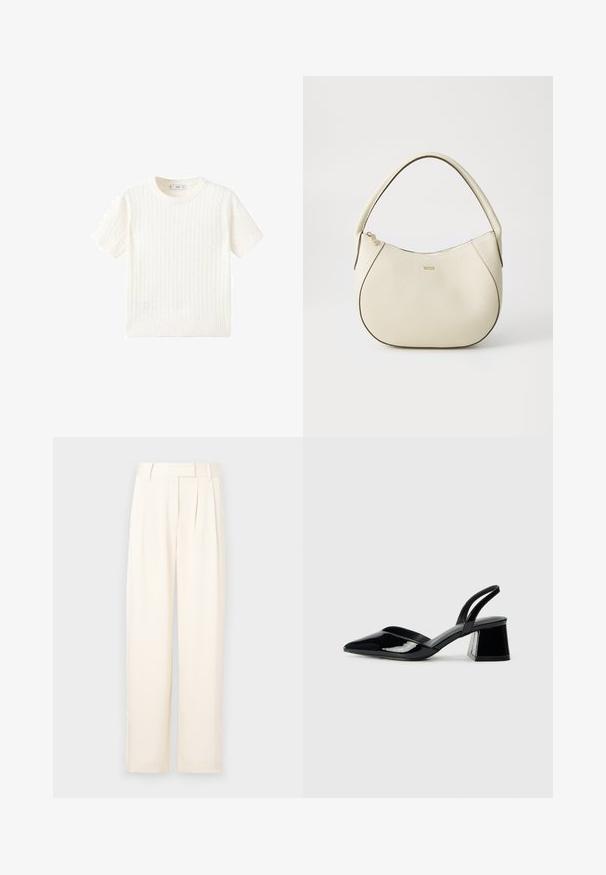 Weißer Kurzarmpullover mit Zopfmuster, Rundhalsausschnitt und geripptem Saum. Weicher Stoff, lässige Passform und schlichtes Design.; Helle beige weite Beinkleider mit glatter Textur, die vorn Falten und einen flachen Bund aufweisen. Keine sichtbaren Verschlüsse oder Taschen.; Schwarze Lackleder-Slingback-High Heels mit spitzem Schuh und einem geometrischen Blockabsatz. Verfügt über ein schlankes, minimalistisches Design und eine glatte Textur.; Cremfarbener Handtasche mit strukturiertem Finish, gebogener Form, kurzem Griff und Logo-Detail in Gold. Reißverschlussverschluss oben.