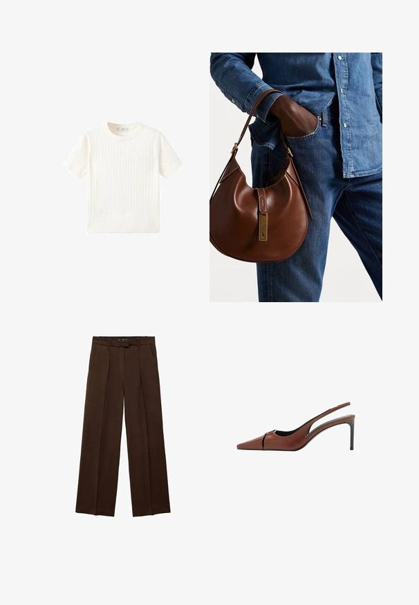 Hvid kortærmet sweater med et kabelstrik mønster, rund halsudskæring og ribbet kant. Blød tekstur, afslappet pasform og rent design.; Brune brede bukser med en glat tekstur, frontfolder og sidelommer. Flad talje design med en skjult lukning.; Brun læder slingback hæl med spids tå, udskæring ved vampen og en elegant stiletto hæl. Glat tekstur.; Brun læder hobo taske med en afrundet form, der har et guldhardware-element og kontraststing. Sammen med en denimskjorte og jeans.