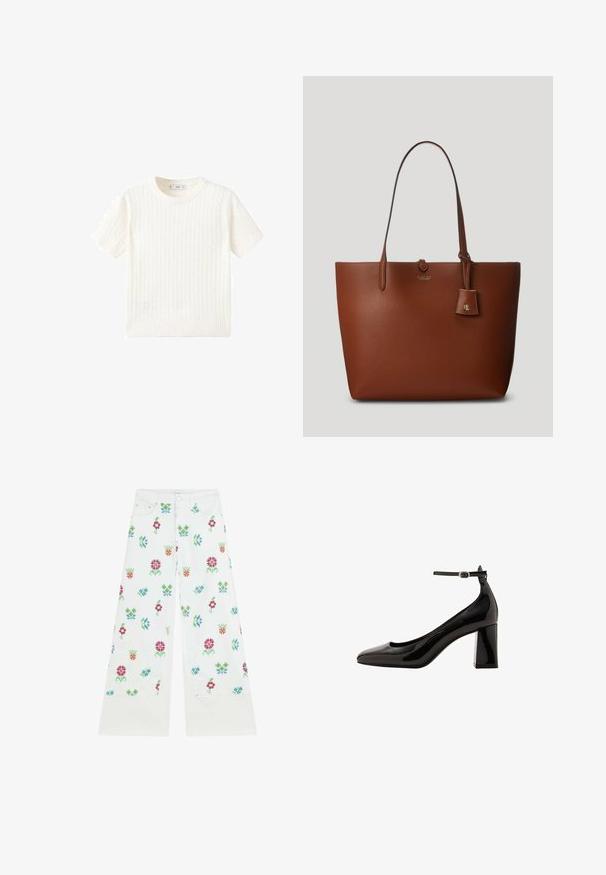 White short-sleeve sweater with a cable knit pattern, round neckline, and ribbed hem. Soft texture, casual fit, and clean design.; White wide-leg jeans with a floral pattern in pink, green, and blue. Features standard five-pocket design and button closure.; Black patent leather ankle strap pump with a glossy finish, pointed toe, and a thick block heel. Smooth texture, minimal detailing.; Brown pebbled leather tote bag with two handles, a small attached tag, and a subtle logo on the front. Smooth texture with structured shape.