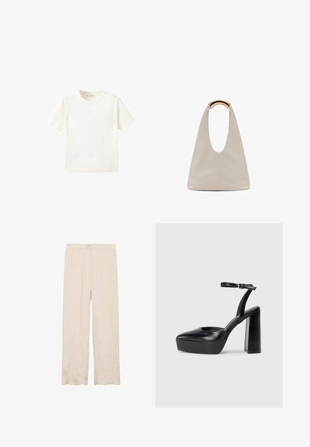 Witte korte mouwen trui met een kabelbreipatroon, ronde halslijn en geribbelde onderkant. Zachte textuur, casual pasvorm en een strakke uitstraling.; Lichtbeige geplooide broek met een elastische tailleband, met een wijd uitlopende pasvorm en een zachte, gestructureerde stofafwerking.; Zwarte plateauhakken met een puntige neus en verstelbare enkelband. Gemaakt van soepel leer, met een robuuste blokhak.; Lichtgrijze leren tas met een U-vormig ontwerp en een gebogen metalen handvat. Glad oppervlak met minimale stiksels en geen zichtbare patronen.