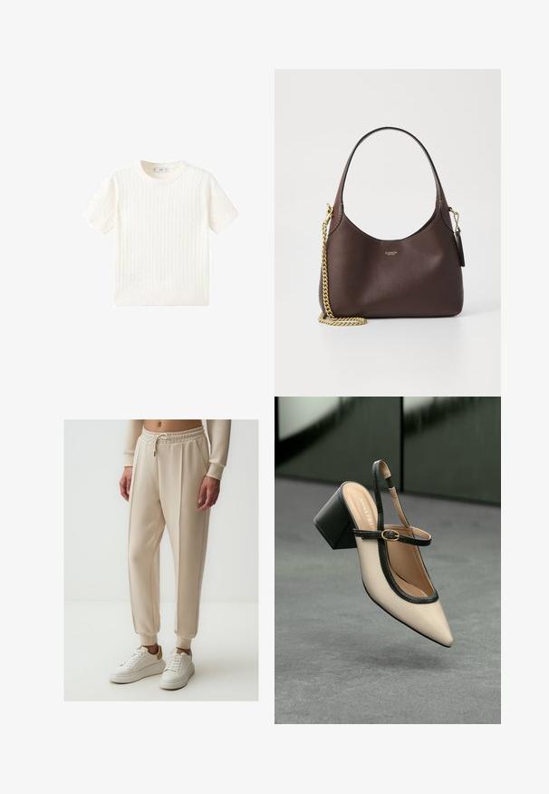 Weißer Kurzarmpullover mit Zopfmuster, Rundhalsausschnitt und geripptem Saum. Weicher Stoff, lässige Passform und schlichtes Design.; Beige Sweatpants mit einem Kordelzugbund, gefalteter Gestaltung und Bündchen an den Knöcheln, kombiniert mit weißen Sneakern mit einem sandfarbenen Akzent.; Beige Slingback-Schuh mit spitzer Zehenpartie, schwarzer Umrandung, goldener Schnalle und dicker Blockabsatz auf grauem Boden vor dunklem grünen Hintergrund.; COACH BROOKLYN SHOULDER BAG 23 - Handtasche - maple