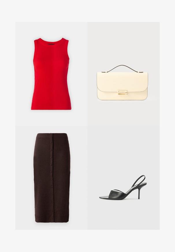 DRYKORN OLINA - Top - red; Bruine gebreide rok met een geribbelde tailleband en een rechte snit. Heeft een midden knoopsluiting die langs de achterkant loopt.; Zwarte leren slingback hakken met een spitse neus, dunne enkelband en stiletto hak. Bevat een geknoopte detail op de bovenkant.; Crème kleurige leren handtas met bovenhandvat en goudkleurige rechthoekige sluiting op een effen lichte achtergrond.