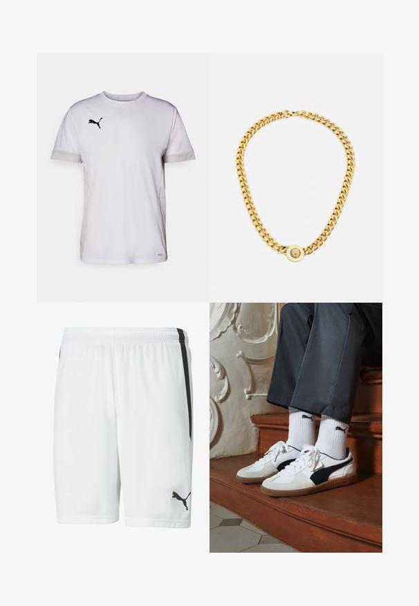 Camiseta atlética blanca de manga corta con cuello redondo, que cuenta con acentos de malla transpirable en los lados y un logo negro de Puma en el pecho.; Pantalones cortos deportivos blancos con una textura suave, que presentan rayas laterales negras y un logo negro en la parte inferior derecha. Cintura elástica para mayor comodidad.; Zapatillas Puma en gamuza blanca y negra, con una suela de goma marrón. Combinadas con calcetines blancos que muestran un logo negro, llevados con pantalones oscuros.; Collar de cadena de oro con grandes eslabones entrelazados, que presenta un detalle de medallón circular en el centro con un emblema en relieve.