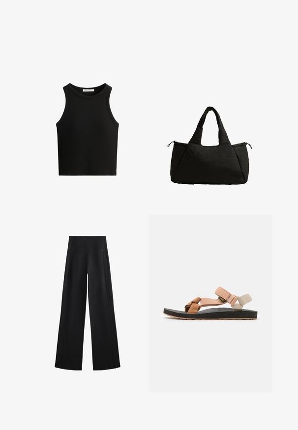 Black ribbed tank top, featuring a round neckline and wide armholes. Material appears soft with a fitted design.; Wide-leg black pants made of a soft fabric, featuring a high waistband and two zippered pockets, with subtle seams along the sides.; Footwear: flat sandals with adjustable straps in peach, tan, and cream. Rubber sole with textured surface, brown accents, and black base.; Black tote bag with a puffy texture, featuring two short handles and a side pocket secured with a drawstring. Simple, angular design.