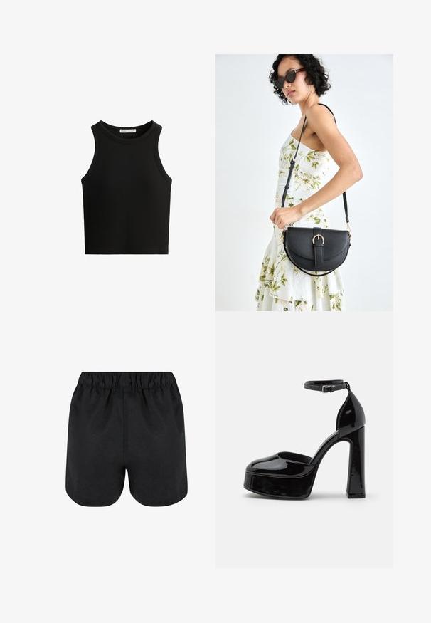 Crna rebrasta majica na bretele, s okruglim izrezom i širokim izrezima za ruke. Materijal izgleda mekano s uskim krojem.; Crne kratke hlače s elastičnom strukom. Mekani materijal, jednostavan dizajn i blago zaobljen rub na dnu. Nema vidljivih uzoraka ili logotipa.; Crne lakirane platforme s potpeticom, remenom oko gležnja, okruglim vrhom i blok petom, koje prikazuju glatku, sjajnu teksturu.; Crna kožna torba s lukovitim oblikom, odvojivim remenom i zlatnim detaljima. Torba ima preklop s kopčom.