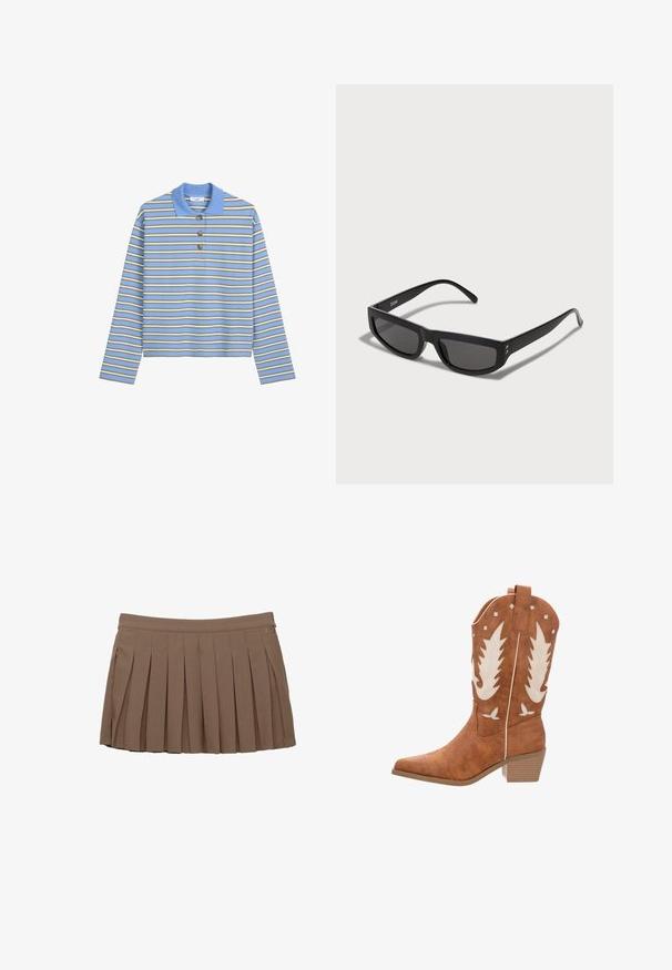 Koszulka polo z długim rękawem w jasnoniebieskim kolorze, z poziomymi paskami w oliwkowym i białym kolorze. Posiada trzy brązowe guziki i żebrowany kołnierzyk.; Brąskowa, plisowana mini spódnica z paskiem w talii i subtelnym logo po bokach na białym tle.; Brązowe kowbojskie buty z sztucznej skóry z białymi haftowanymi skrzydłami i kwadratowymi akcentami, spiczastym noskiem i niskim, warstwowym obcasem.; Czarne okulary przeciwsłoneczne o prostokątnym kształcie, z ciemnymi soczewkami i cienkimi zausznikami. Złote akcenty przy zawiasach.; Brązowa torebka z lakierowanej skóry o prostokątnym kształcie, z dwiema długimi rączkami i subtelnymi zaokrągleniami z przodu.