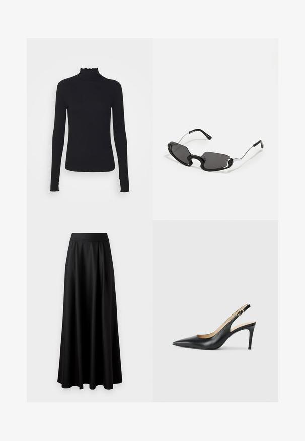 Fekete, hosszú ujjú, garbós felső sima anyagból, fodros gallérral és illeszkedő sziluettel, egyszerű élekkel.; Fekete, földig érő szoknya sima textúrával, széles derékrésszel és plisszézett dizájnnal, látható minták vagy díszítések nélkül.; Fekete bőrből készült, hegyes orrú, állítható pánttal rendelkező magassarkú szandál, elegáns tűsarokkal, sima felülettel.; Fekete napszemüveg egyedi pajzs alakban, sötét lencsékkel és vékony ezüstfém karokkal. A keret lekerekített részletekkel és merész dizájnnal rendelkezik.; Fekete bőrkesztyű, öt ujjával, sima textúrájával és varrott részleteivel. A mandzsetta közelében egy kis logóval díszítve.