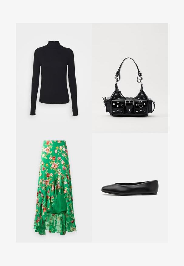 Czarny, długi rękaw, golf z gładkiego materiału, z falbaniastym kołnierzem i dopasowanym krojem z prostymi brzegami.; Kwiatowa spódnica maxi wykonana z lekkiego materiału, z zielonym tłem oraz różnokolorowymi kwiatami, z warstwowymi falbanami na dole.; Paul Smith TOPANGA czarny; Czarna skórzana torebka w zakrzywionym kształcie, z srebrnymi ćwiekami, klamrą i dwoma bocznymi kieszeniami. Regulowany pasek umożliwiający różne opcje noszenia.