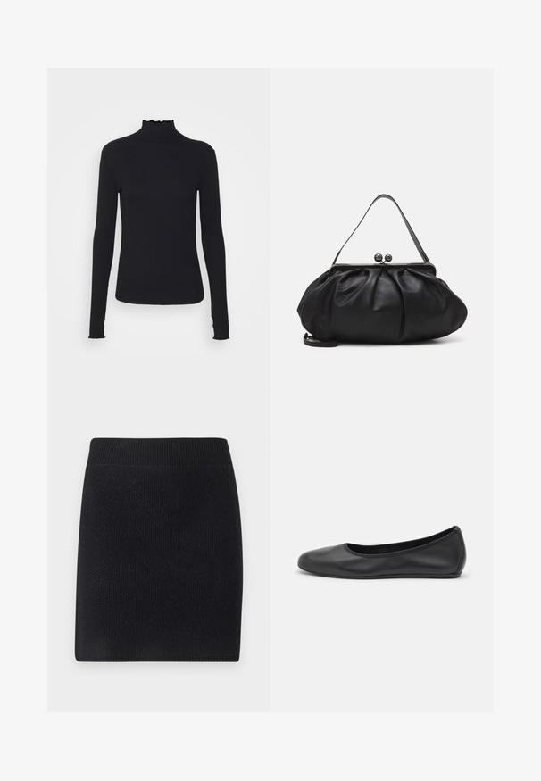 Czarny, długi rękaw, golf z gładkiego materiału, z falbaniastym kołnierzem i dopasowanym krojem z prostymi brzegami.; Czarna dzianinowa spódnica o prostym kroju. Posiada szeroki, prążkowany pas i teksturowane wykończenie, idealna na codzienne noszenie.; Czarne skórzane baletki z zaokrąglonym noskiem, gładką fakturą, minimalnymi przeszyciami i elastycznym designem podeszwy.; Czarna skórzana torebka o zaokrąglonym, plisowanym wzorze. Posiada metalowy zamek z dwoma dekoracyjnymi kulkami oraz smukły, odpinany pasek.