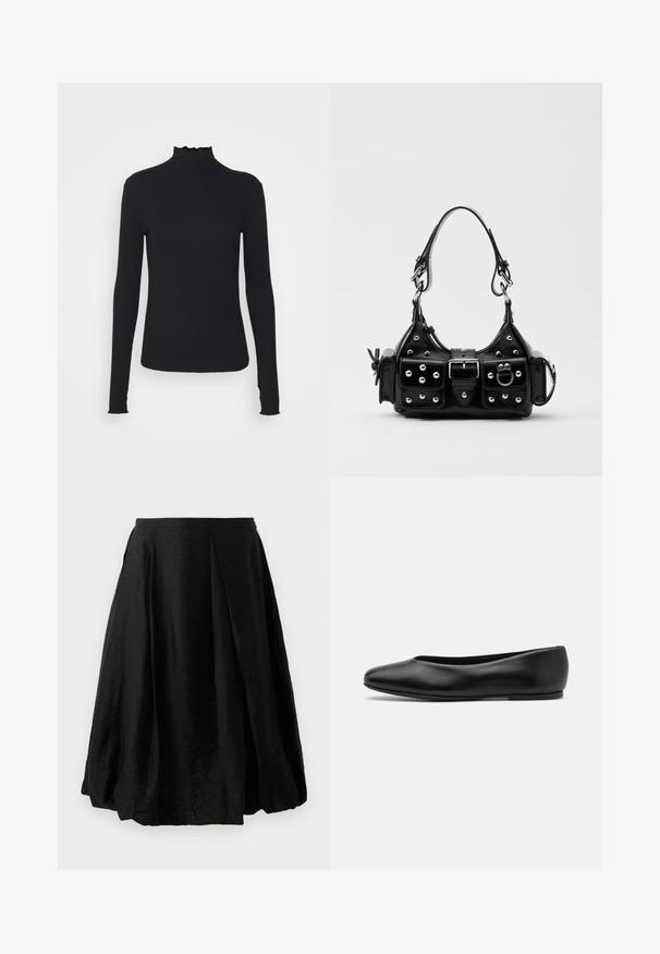 Črn dolg rokav turtleneck zgornji del iz gladkega materiala, ki se ponaša z nabranim ovratnikom in prilegajočim silhueto s preprostimi robovi.; Črna plisejska krila iz lahkega, strukturiranega materiala. A-linijska oblika z dolžino do sredine meč in stransko zadrgo. Brez vidnih vzorcev.; Paul Smith TOPANGA - Balerinke - black; Črna usnjena torbica s ukrivljenim dizajnom, ki vsebuje srebrne žebljičke, zaponko in dve stranski žepki. Nastavljiv trak za različne možnosti nošenja.
