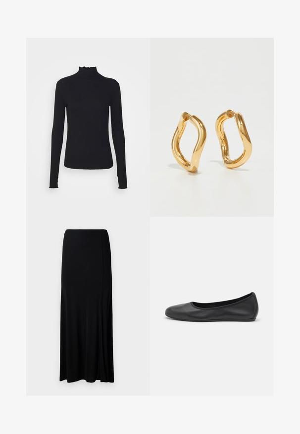 Sort langærmet turtleneck top lavet af glat stof, med en rynket krave og tætsiddende silhuet med enkle kanter.; Sort maxiskirt lavet af et glat stof, med en sideslids, elastisk talje og lige snit for et minimalistisk design.; Sort læderballetsko med rund tå, glat tekstur, minimal syning og et fleksibelt såldesign.; Guldfarvede hoops øreringe med en buet, uregelmæssig form og en glat, poleret overflade. Ingen synligt hardware eller dekorationer.